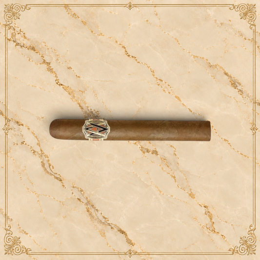 Arcadia Cigars AVO XO Notturno robusto cigar with an Ecuadorian Connecticut wrapper on a textured world map background.