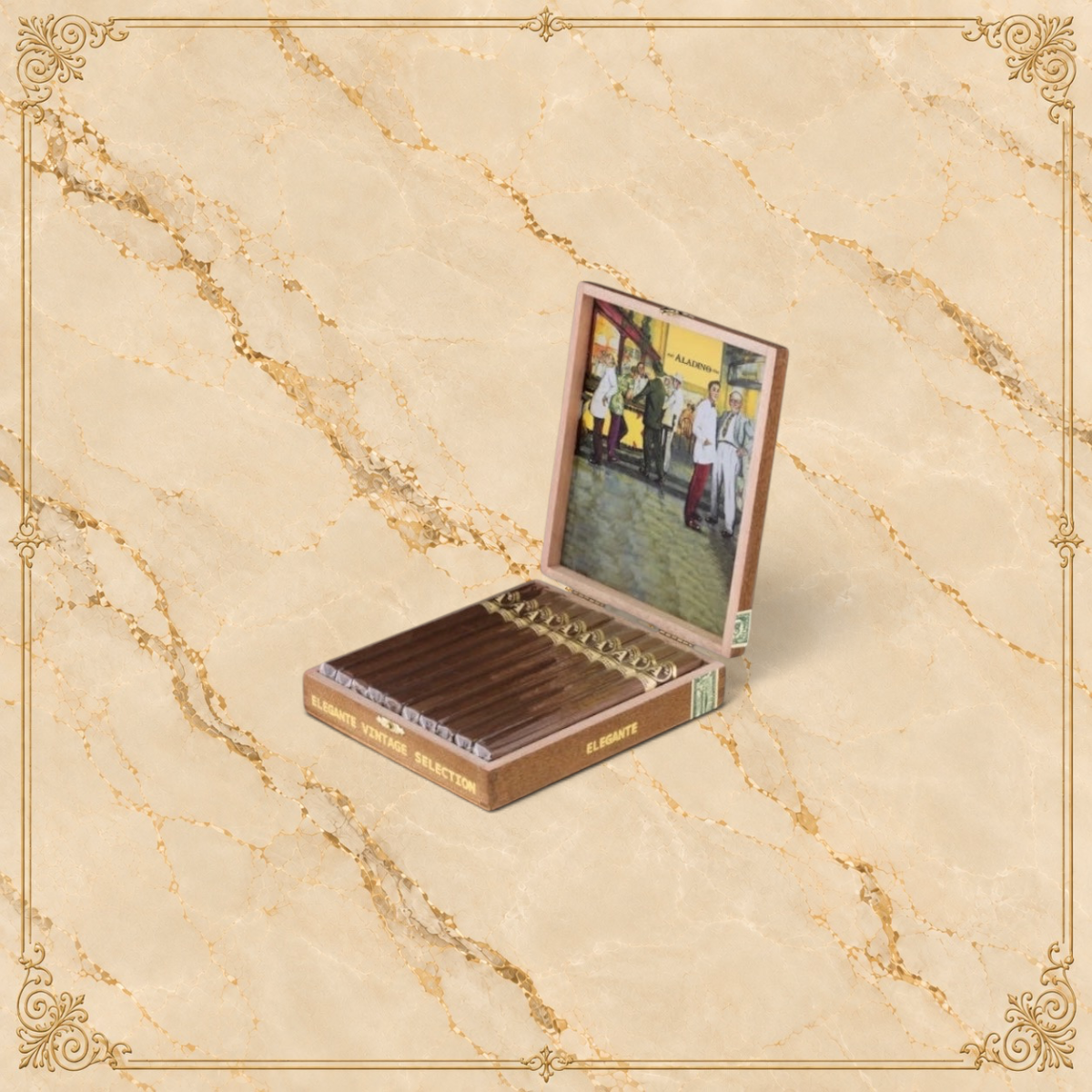 Arcadia Cigars Aladino Vintage Selection Elegante box of premium Honduran Corojo cigars with vintage label art