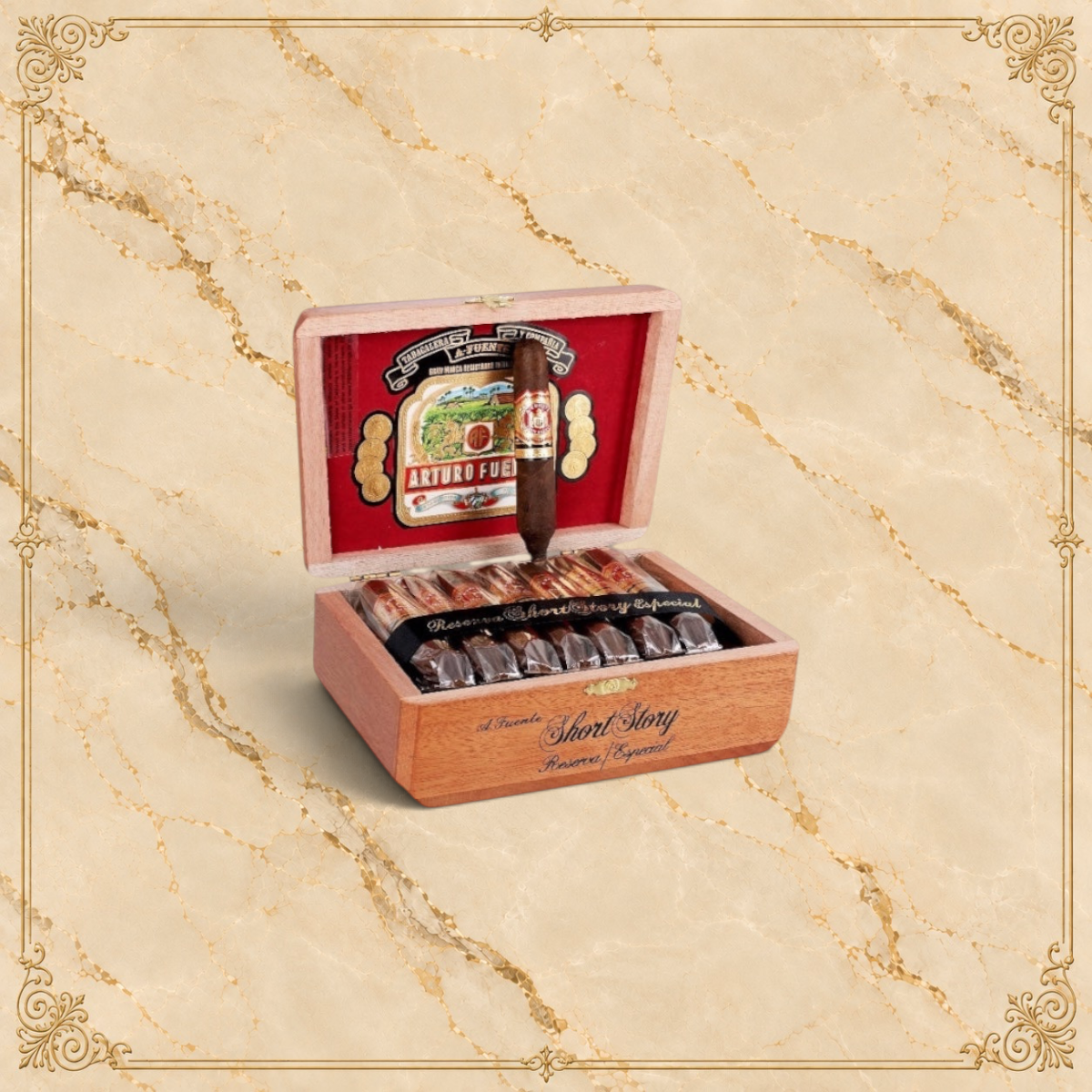 Arcadia Cigars Arturo Fuente Hemingway Short Story cigar standing upright in its open wooden box with branding.