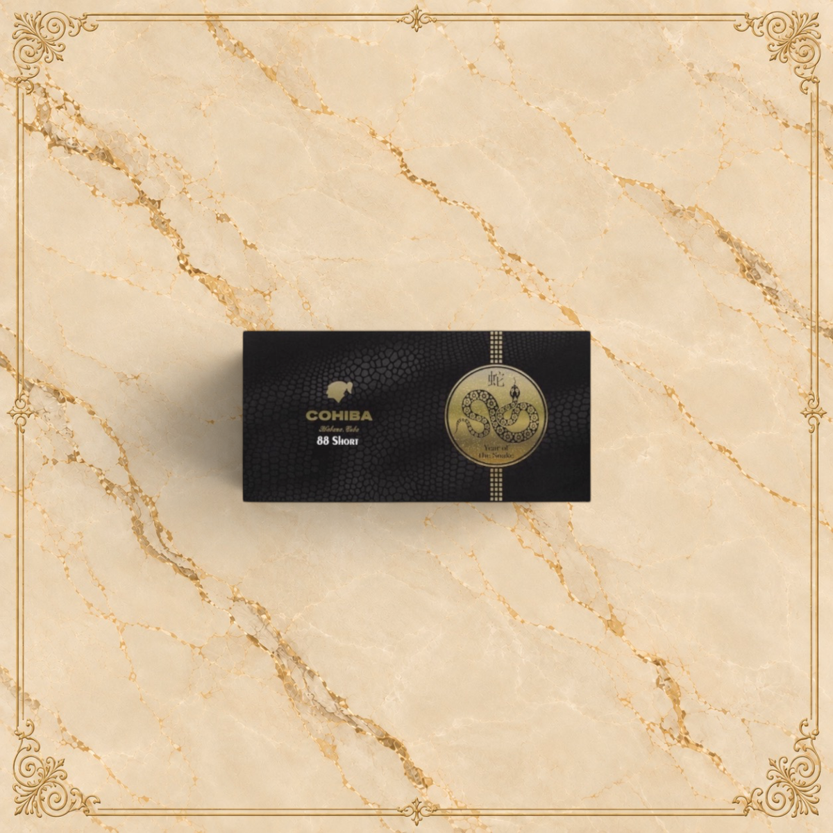 Arcadia Cigars Cohiba Short Year of the Snake 2025 limited edition cigarillo box with gold snake emblem on black.
