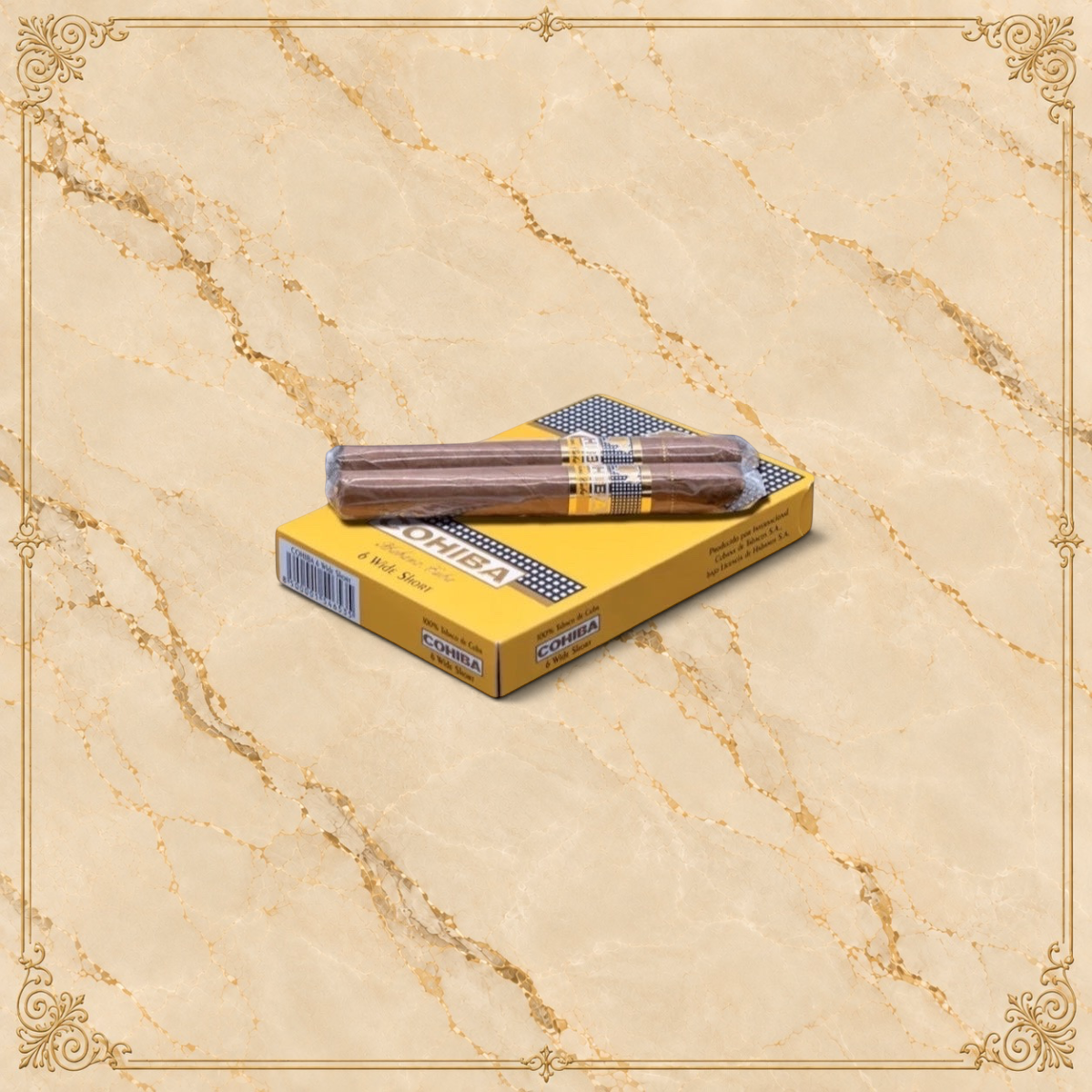 Arcadia Cigars Cohiba Wide Shorts cigarillos in yellow box with Cuban tobacco on a textured beige background