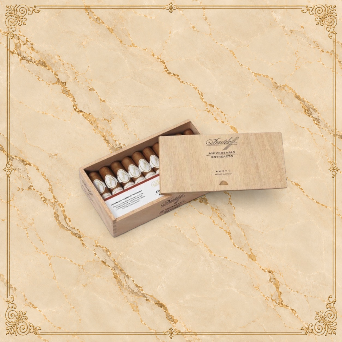 Arcadia Cigars Davidoff Aniversario Entreacto short corona cigars in a wooden box on a textured background