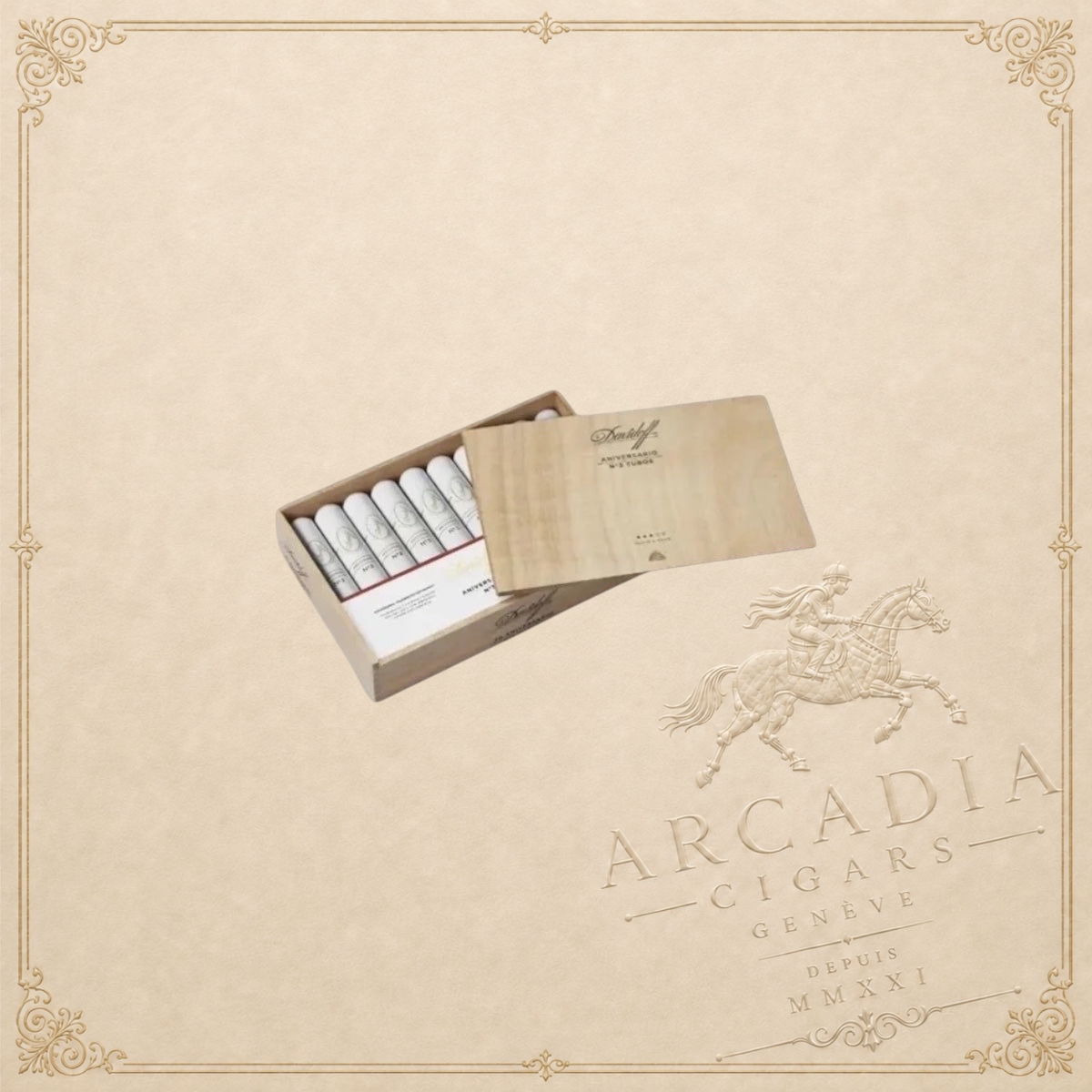 Arcadia Cigars Davidoff Aniversario No. 3 Toro cigars in a wooden box with individual white tubes