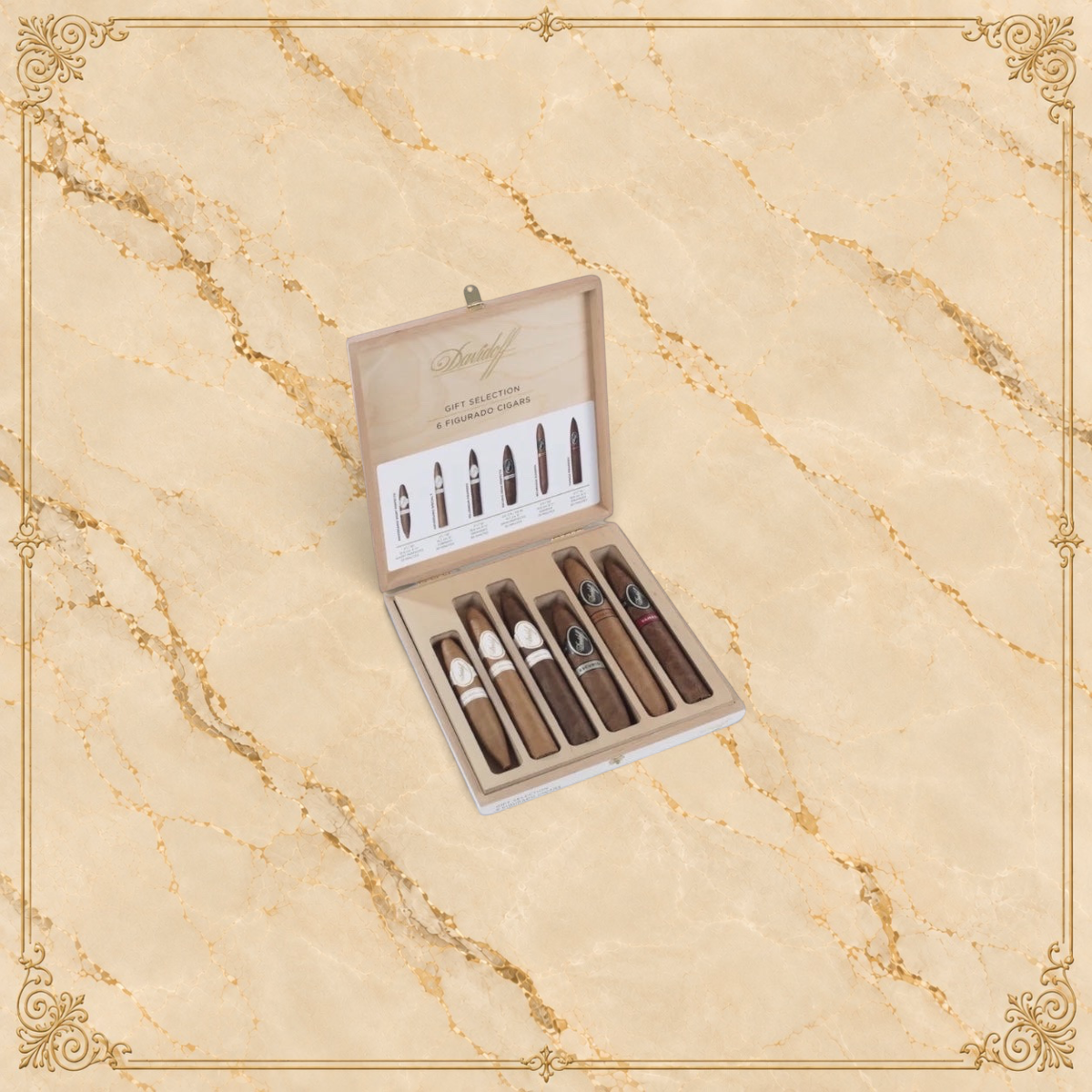Arcadia Cigars Davidoff Gift Selection featuring six assorted premium Figurado cigars in an elegant wooden box.