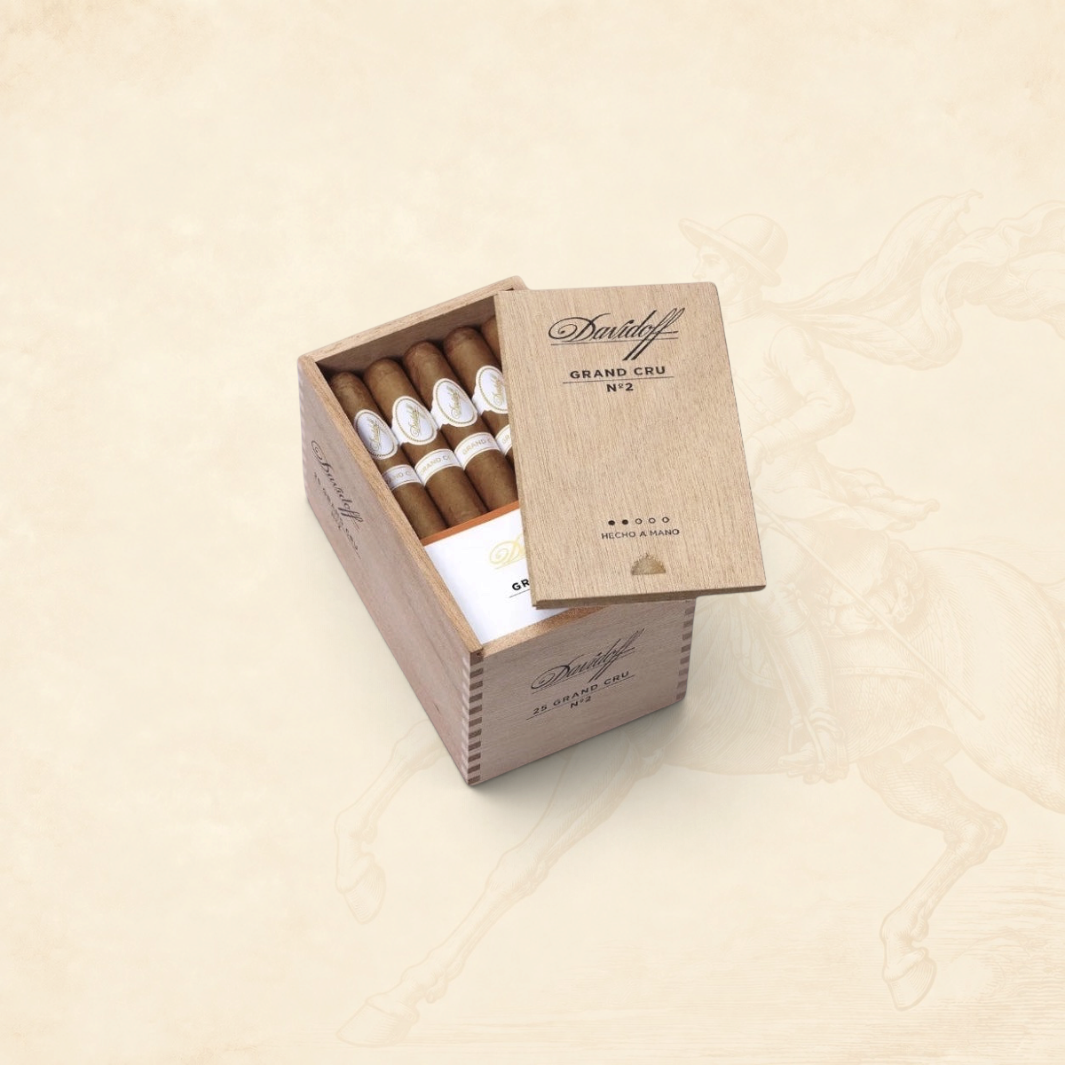 Arcadia Cigars Davidoff Grand Cru No. 2 petit corona cigars in a wooden box on a neutral background
