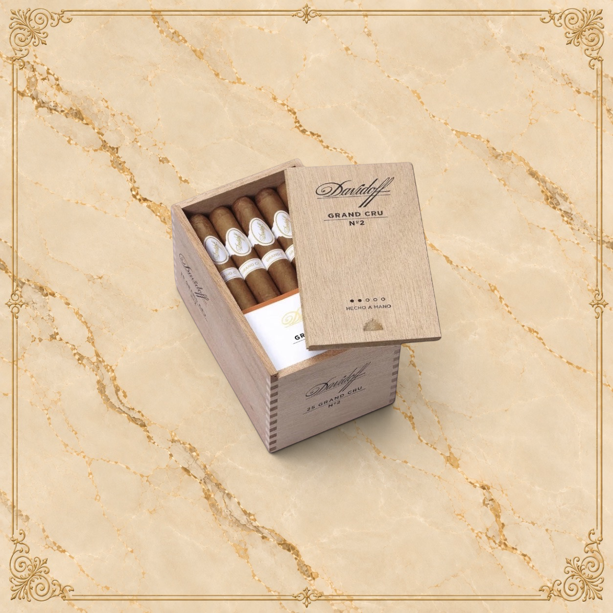 Arcadia Cigars Davidoff Grand Cru No. 2 petit corona cigars in a wooden box on a neutral background