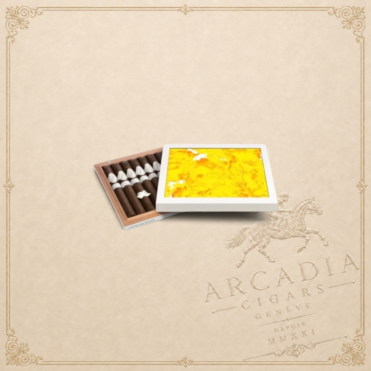 Arcadia Cigars Davidoff Limited Art Edition 2017 cigar box with vibrant yellow floral lid and premium cigars inside.
