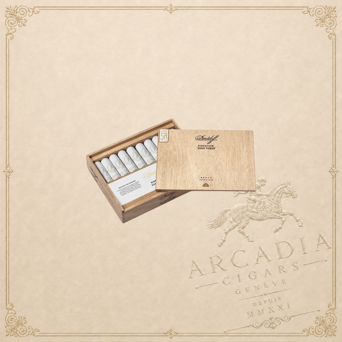 Arcadia Cigars Davidoff Signature Tubos 2000 cigars in an open wooden box on a textured beige background