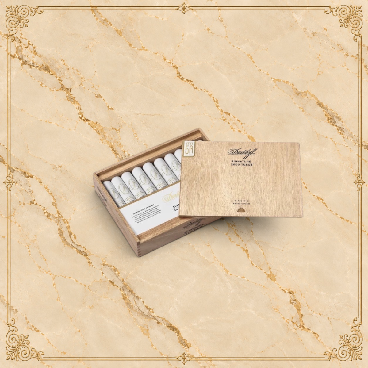 Arcadia Cigars Davidoff Signature Tubos 2000 cigars in an open wooden box on a textured beige background