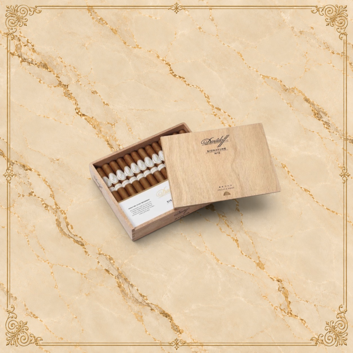 Arcadia Cigars Davidoff Signature No. 2 cigar box with light brown Ecuadorian wrapper cigars and white bands