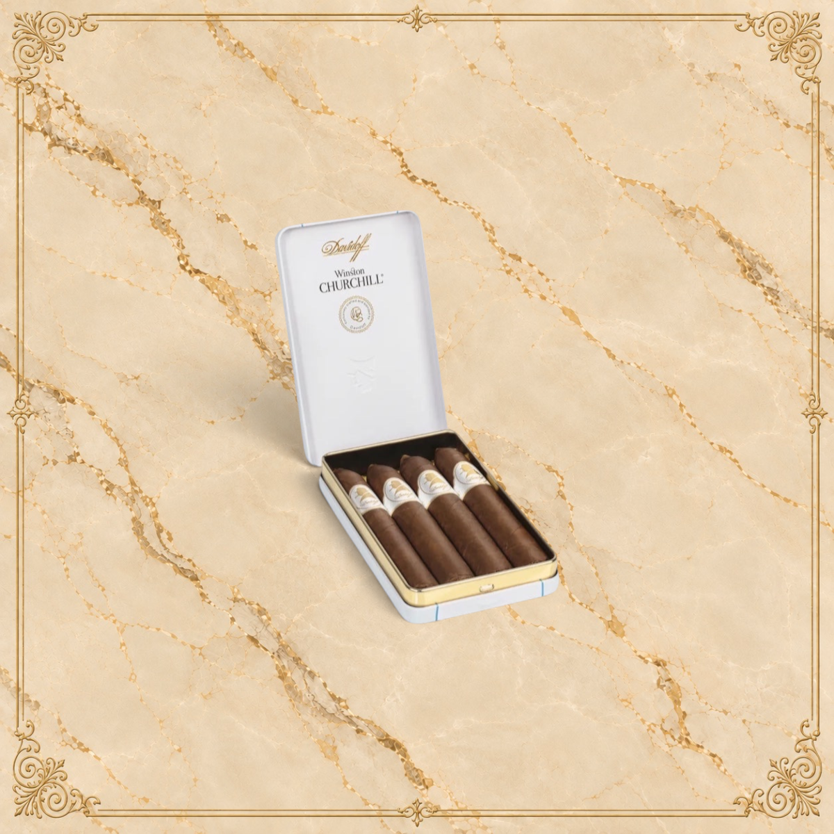 Arcadia Cigars Davidoff Winston Churchill Belicoso cigars in a white presentation tin with gold branding