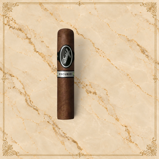Arcadia Cigars Davidoff Escurio Robusto cigar with a dark Brazilian Cubra wrapper and elegant black and silver band