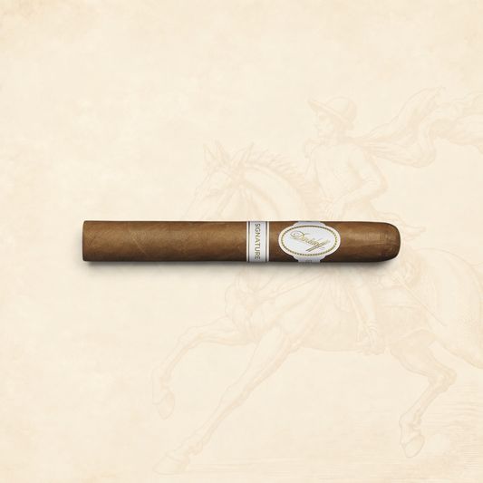Arcadia Cigars Davidoff Signature 2000 corona cigar with a white and gold band on a vintage equestrian background