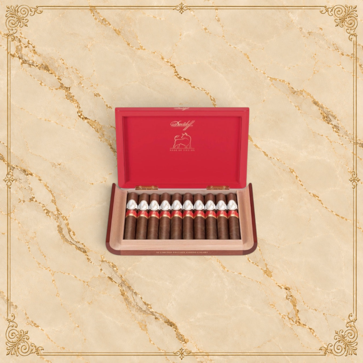 Arcadia Cigars Davidoff Year of the Ox limited edition gordo cigars in a red presentation box with gold branding.