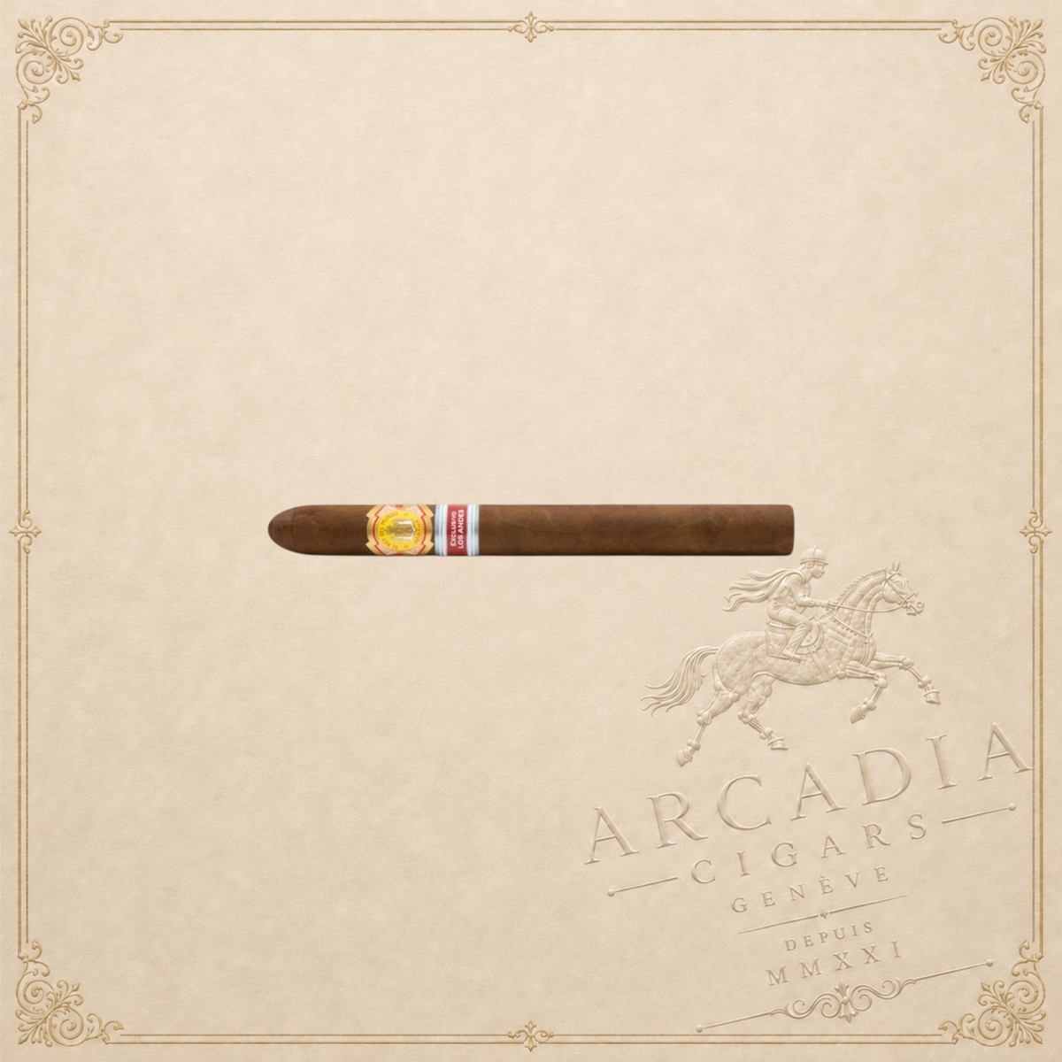 Arcadia Cigars El Rey Del Mundo Kon Tiki 1973 cigar with a detailed band on a textured cream background