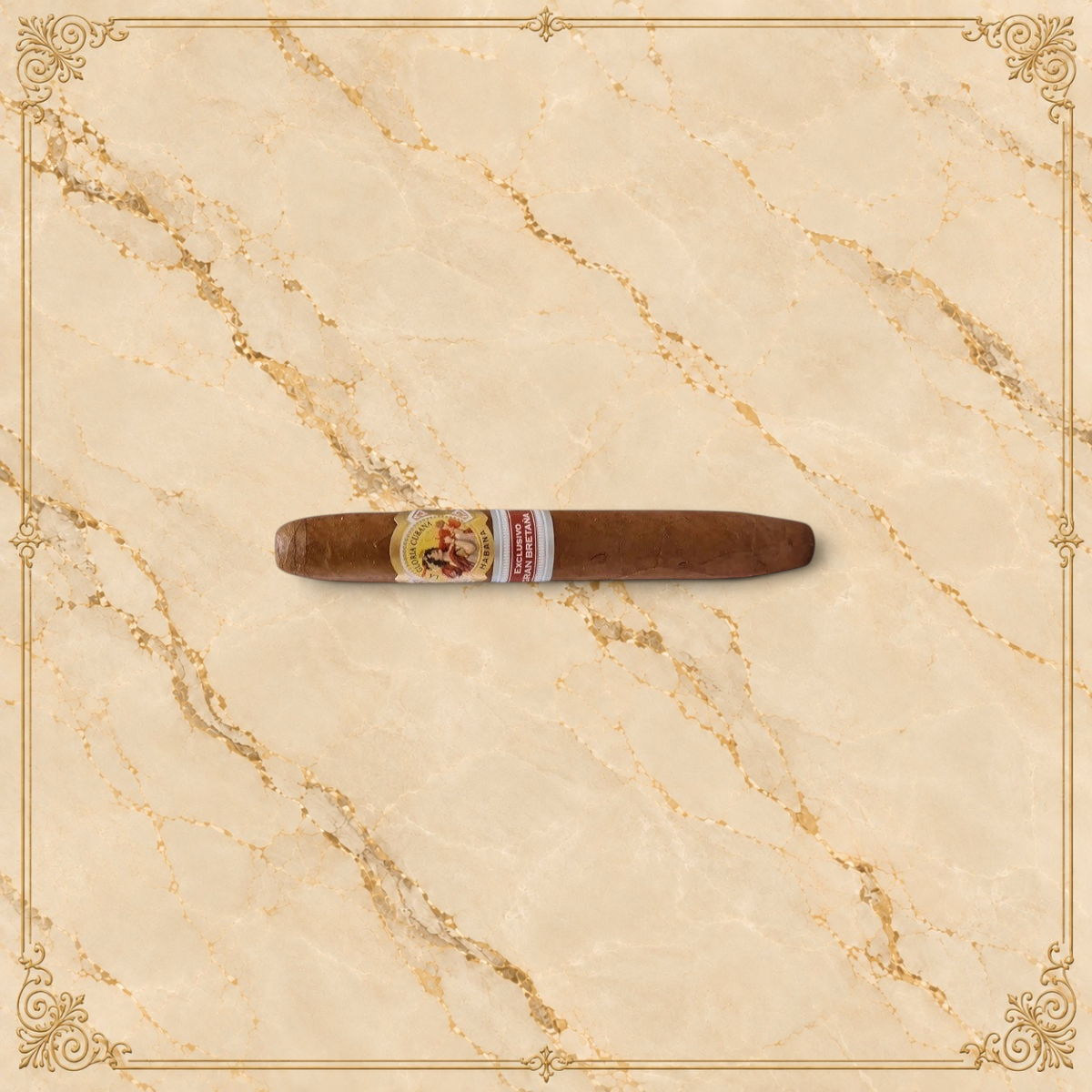 Arcadia Cigars La Gloria Cubana Britanicas Extra 2017 Gran Bretana cigar with ornate bands on a neutral background