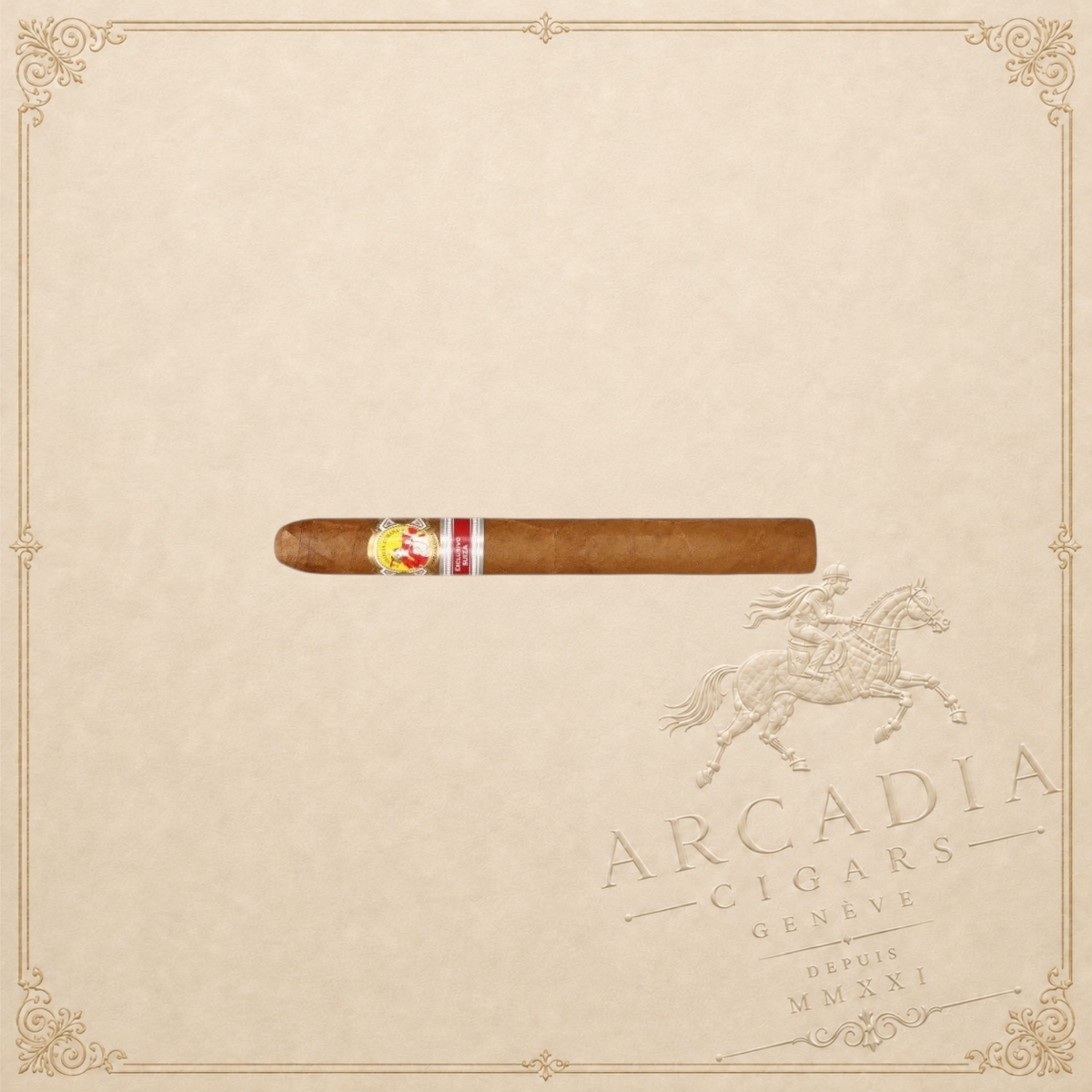 Arcadia Cigars La Gloria Cubana Triunfos 2010 Suiza petit robusto cigar with detailed band on a textured background