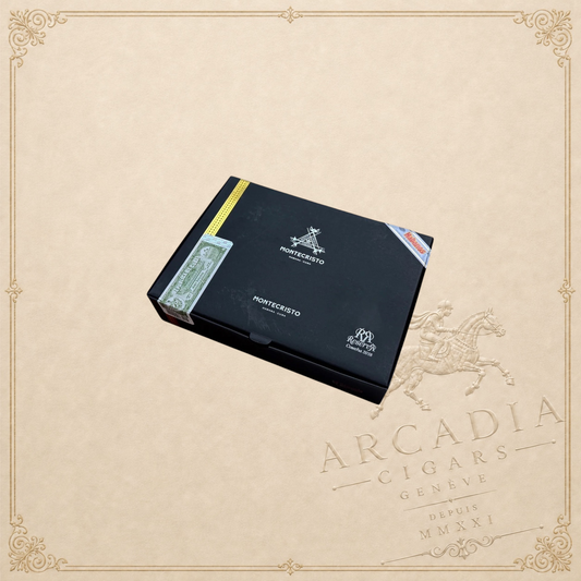 Arcadia Cigars Montecristo Edmundo Reserva Cosecha 2018 cigar box in black with gold branding and Habanos seal