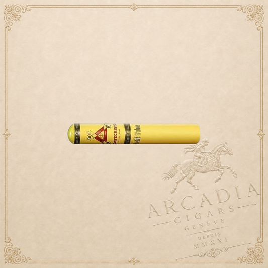 Arcadia Cigars Montecristo Petit Tubos Cuban cigar in a yellow protective tube with signature branding