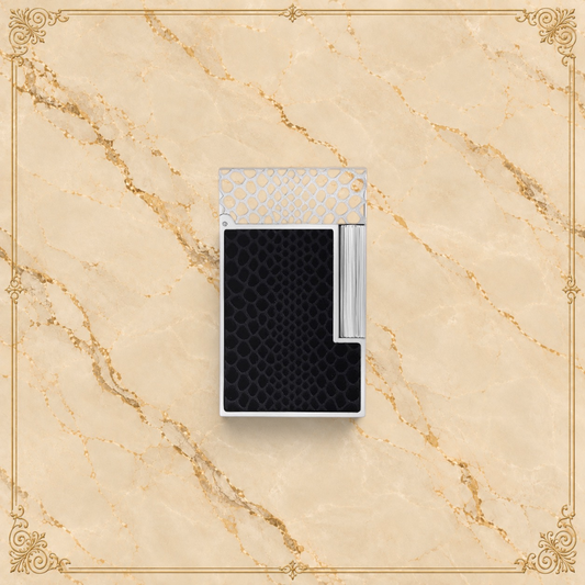 Arcadia Cigars S.T. Dupont Ligne 2 lighter with black snakeskin motif guilloché under translucent lacquer finish.