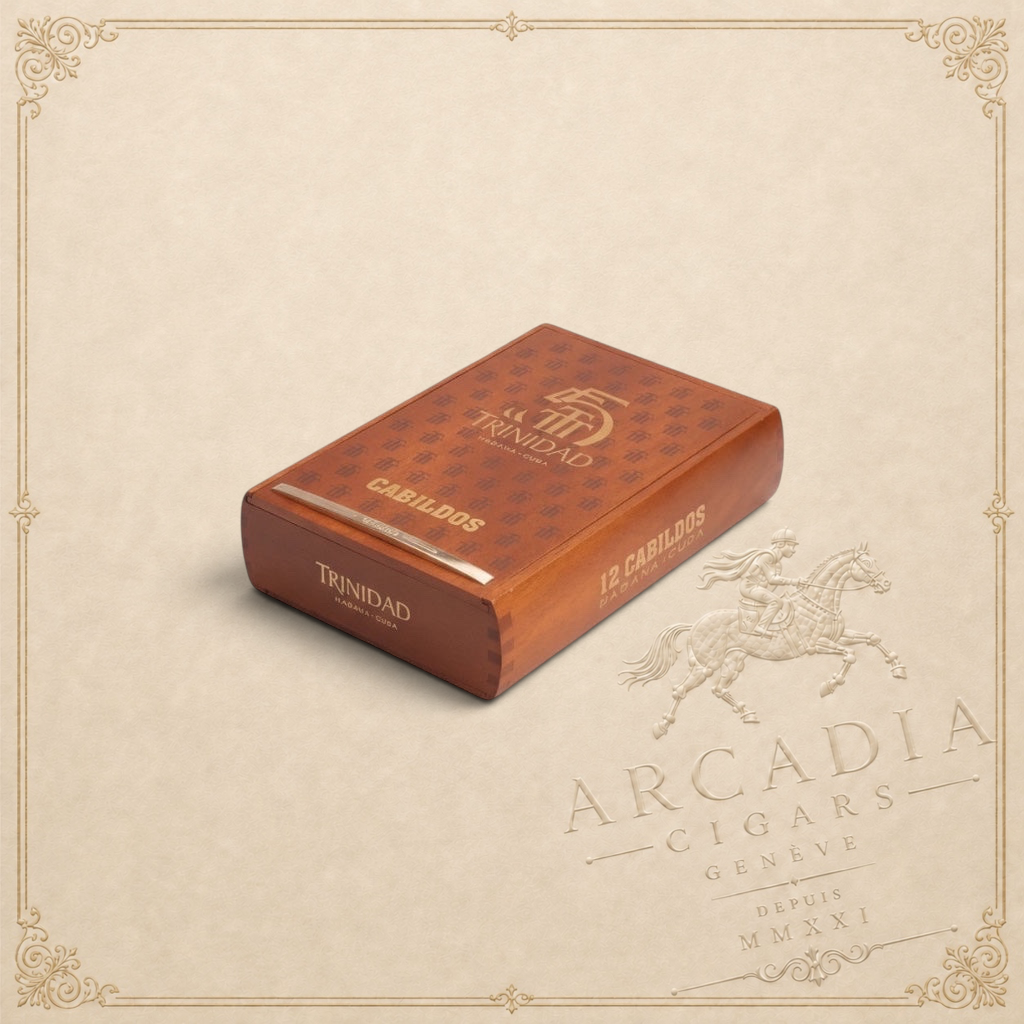 Arcadia Cigars Trinidad Cabildos Edición Limitada 2024 wooden cigar box with gold branding on a textured background