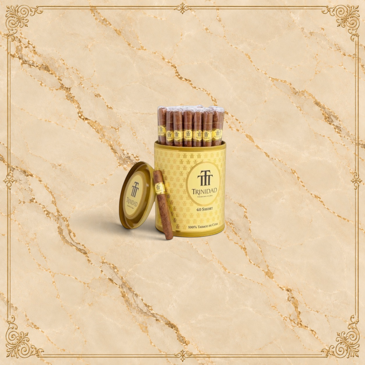 Arcadia Cigars Trinidad Short 40 cigarillos in a gold tin with one cigar placed in front on a beige background.