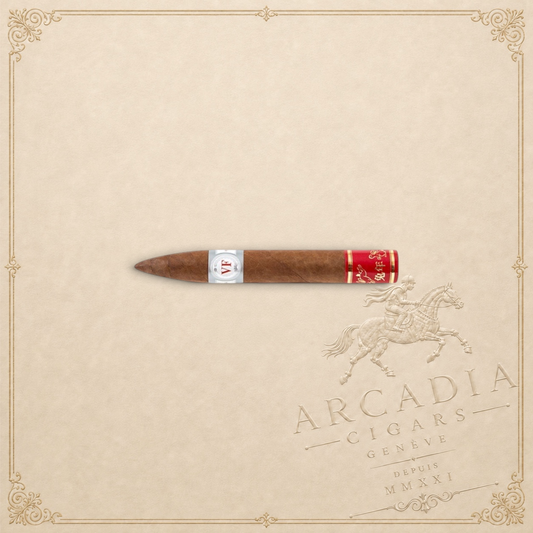 Arcadia Cigars VegaFina Torpedo Year of the Rabbit 2023 cigar with Ecuadorian wrapper on a textured cream background