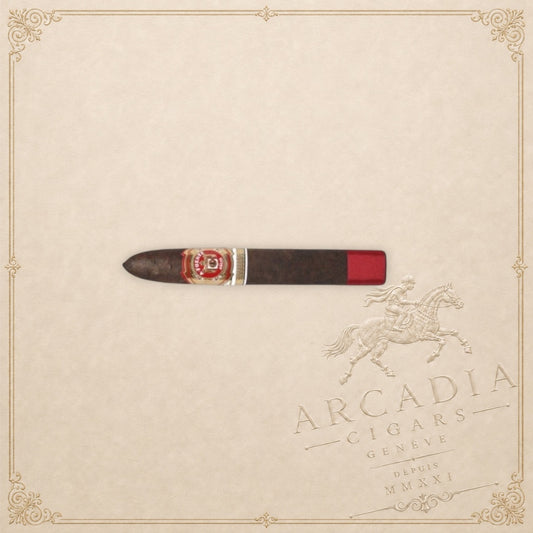 Arcadia Cigars Arturo Fuente Añejo No. 77 Shark cigar with a dark Connecticut Broadleaf Maduro wrapper and red band.