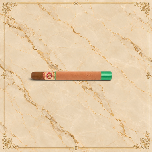 Arcadia Cigars Arturo Fuente Double Chateau cigar with a cedar sleeve and green ribbon on a cream background