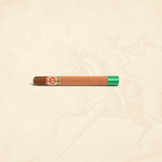 Arcadia Cigars Arturo Fuente Double Chateau cigar with a cedar sleeve and green ribbon on a cream background