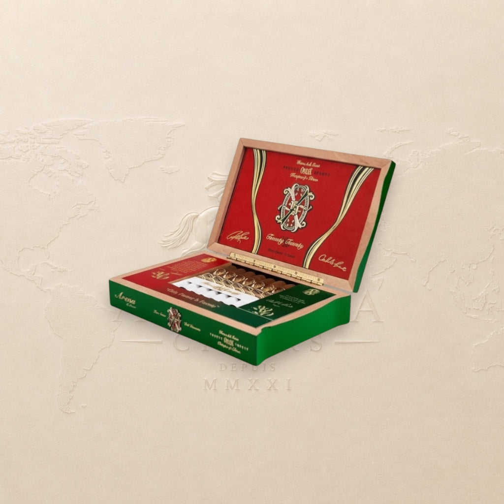 Arcadia Cigars Arturo Fuente Opus X 2020 Arena D'Amor Toro cigars in a green and red collectible box.