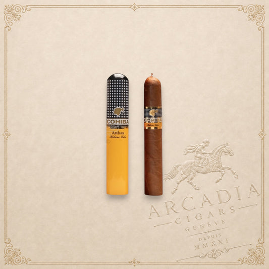 Arcadia Cigars Cohiba Ambar cigar next to its yellow and black patterned aluminium tubo on a textured background.