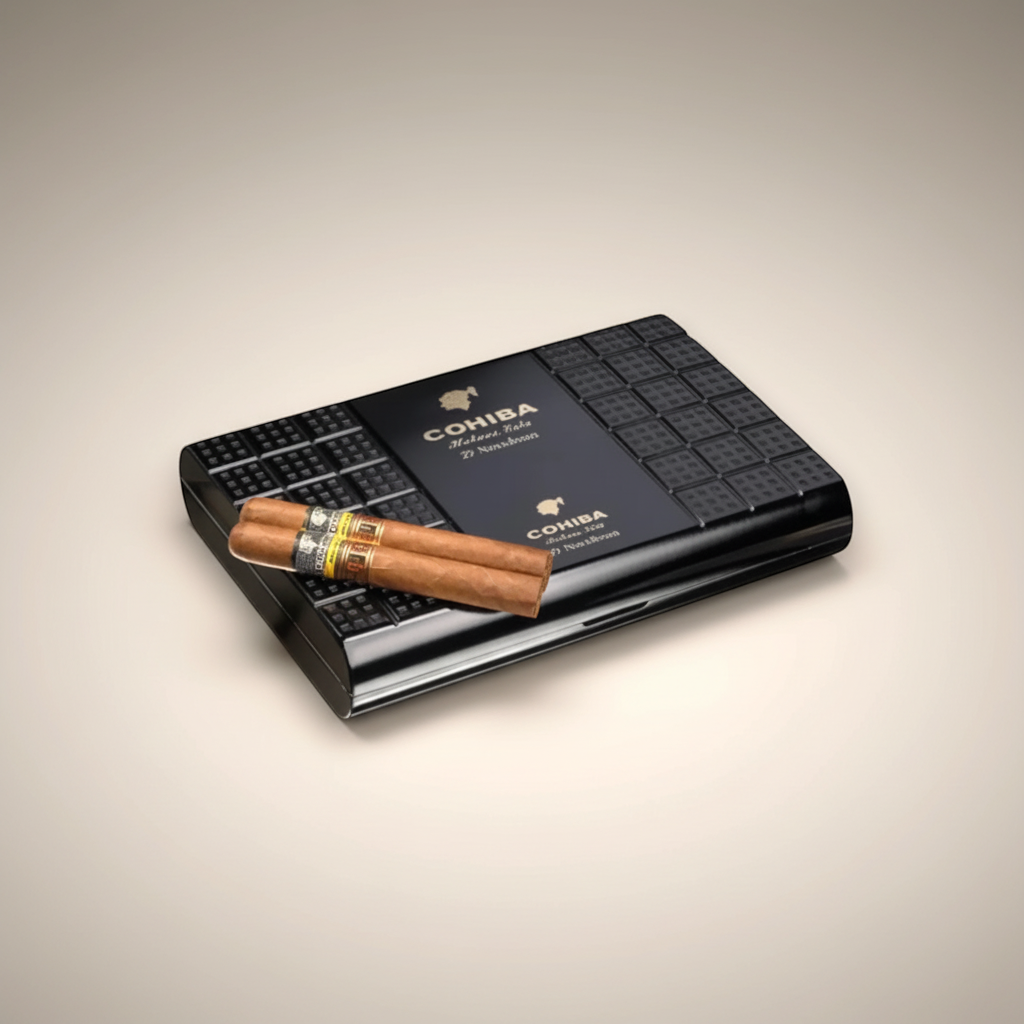 Arcadia Cigars Cohiba Novedosos LCDH cigar box with two Coronas Extra cigars. Black textured box with gold branding.