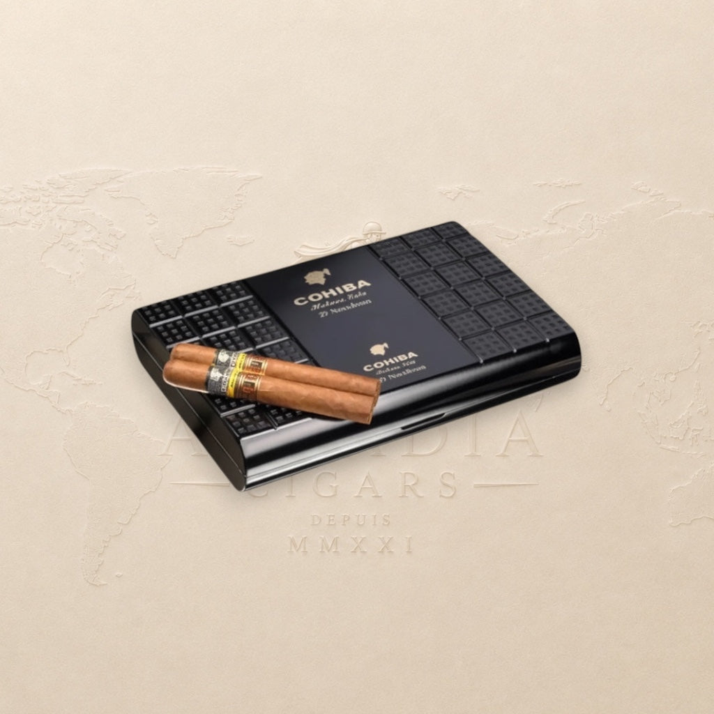 Arcadia Cigars Cohiba Novedosos LCDH cigar box with two Coronas Extra cigars. Black textured box with gold branding.