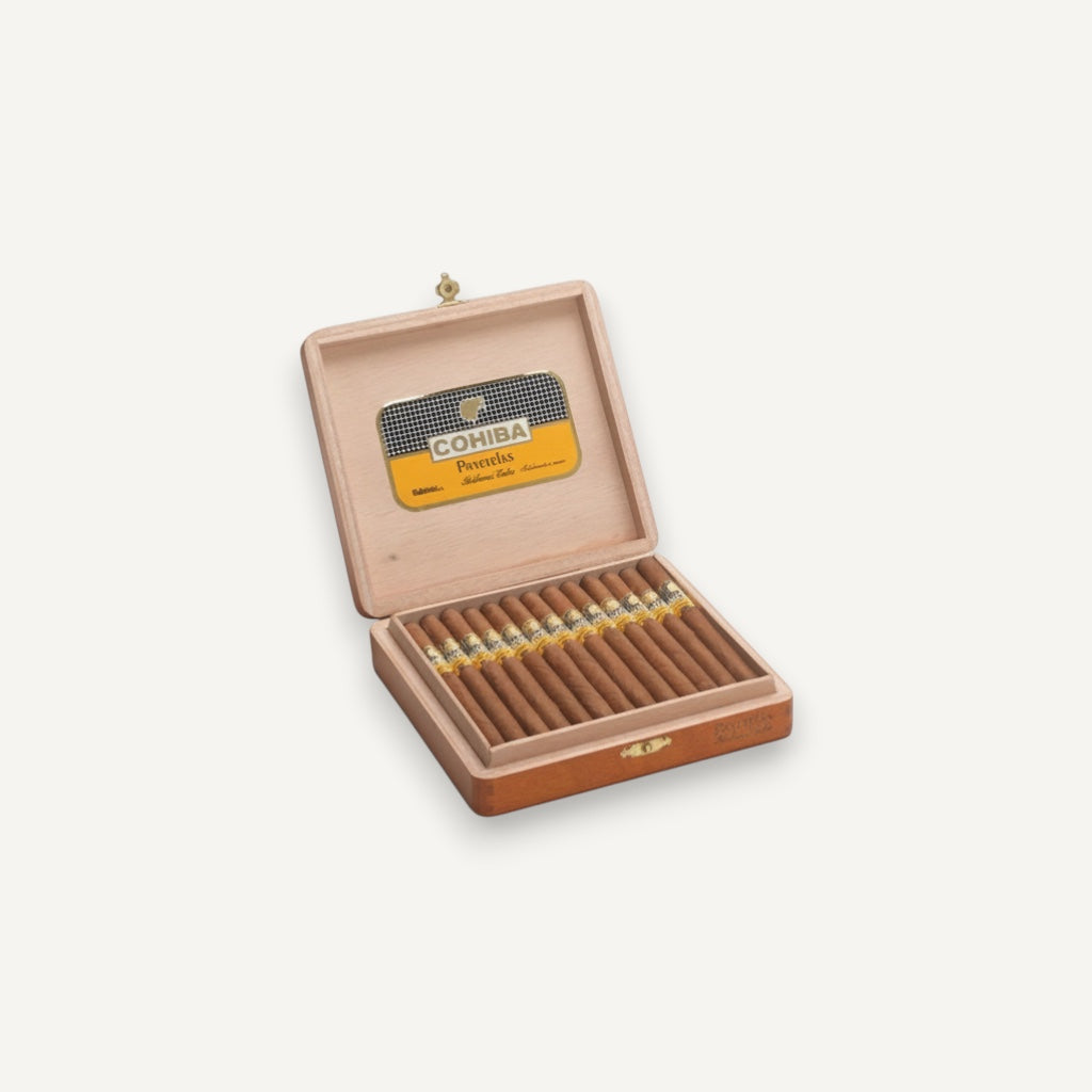 Arcadia Cigars Cohiba Panetelas box of 25 Cuban cigars. Medium-bodied, slim format with notes of cream and cedar.