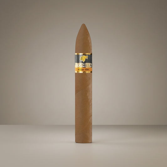 Arcadia Cigars Cohiba Piramides Extra cigar, medium to full-bodied with cedar and cocoa notes. Pirámide format.