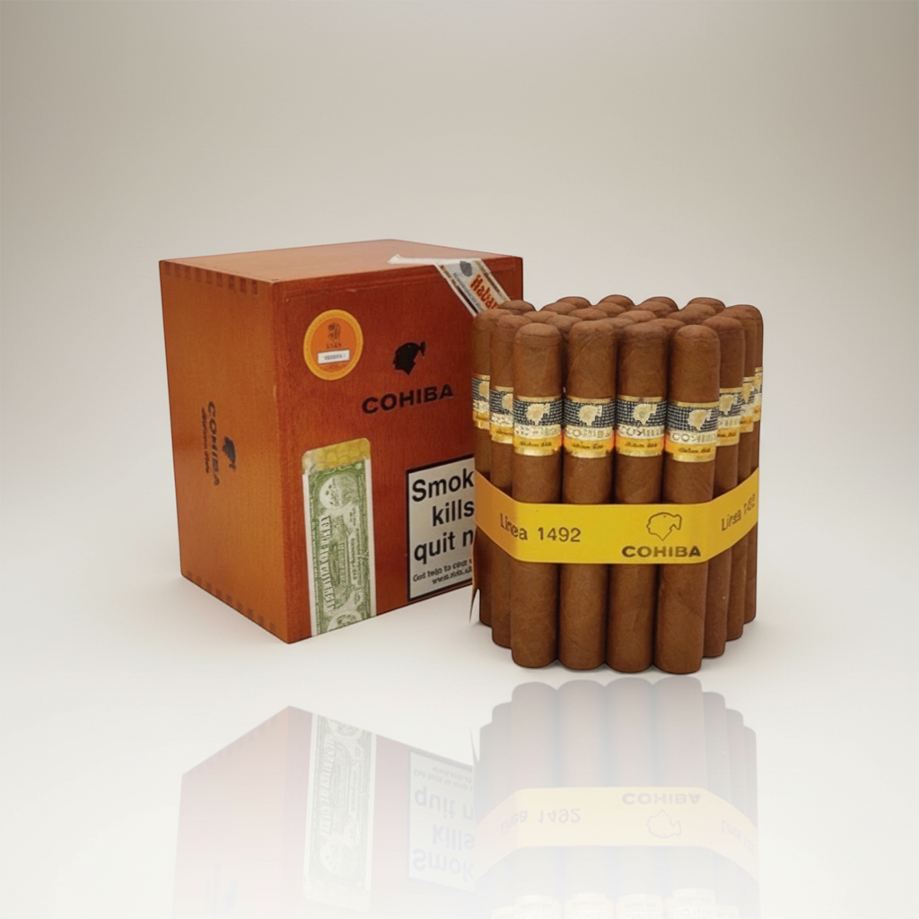 Arcadia Cigars Cohiba Siglo VI cigar box and cigars. Rich brown tobacco leaves, medium to full strength.