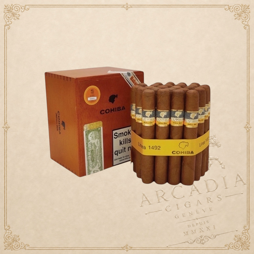 Arcadia Cigars Cohiba Siglo VI cigar box and cigars. Rich brown tobacco leaves, medium to full strength.