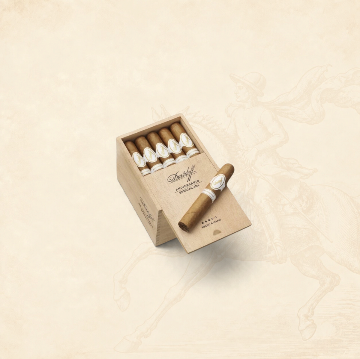 Arcadia Cigars Davidoff Aniversario Special R cigar box with five premium cigars and one resting on the lid.