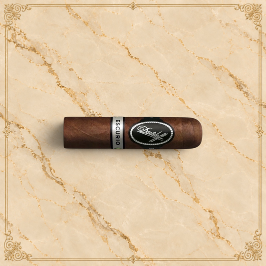 Arcadia Cigars Davidoff Escurio Petit Robusto cigar with a dark brown wrapper and signature black and silver bands.
