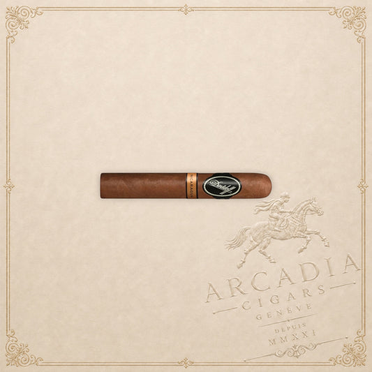 Arcadia Cigars Davidoff Nicaragua Robusto Vintage 2023 premium cigar with dark wrapper and branded cigar band