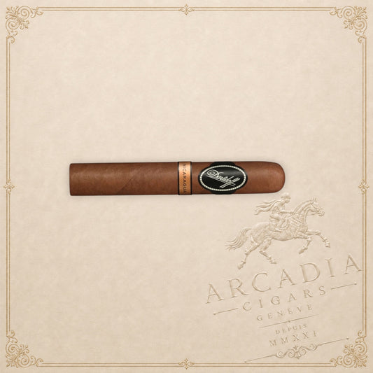 Arcadia Cigars Davidoff Nicaragua Toro Vintage 2023 cigar with a smooth brown wrapper and branded cigar band