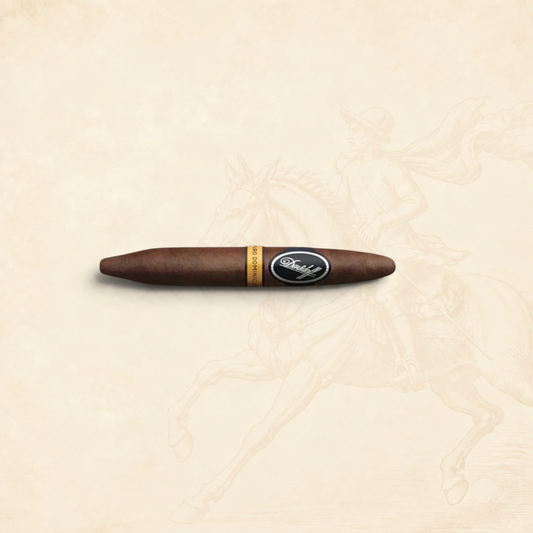 Arcadia Cigars Davidoff Puro Dominicano Corona Larga cigar with a dark brown wrapper on a textured cream background.