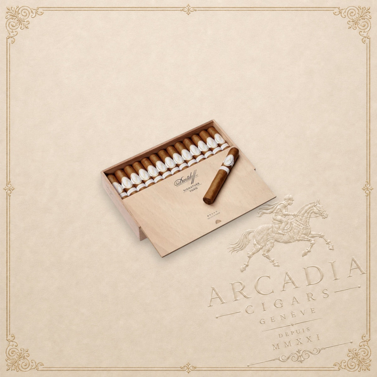 Arcadia Cigars Davidoff Signature Toro Vintage 2023 box with premium light brown cigars on a cream background
