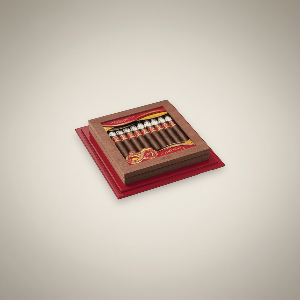 Arcadia Cigars Davidoff Year Of The Snake 2025 Limited Edition perfecto cigars in a wooden box with red accents.