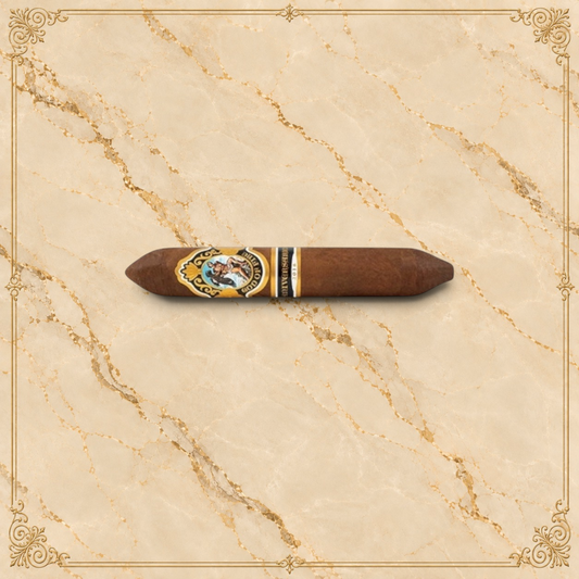 Arcadia Cigars God of Fire Serie Aniversario 60 cigar with ornate gold and black band on a textured cream background.