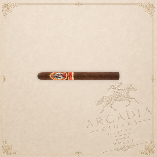 Arcadia Cigars God of Fire by Carlito Churchill cigar with a detailed ornate band on a textured cream background