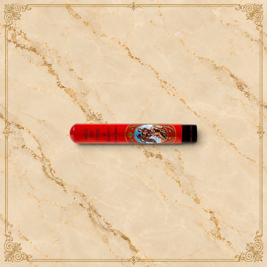 Arcadia Cigars God of Fire by Carlito Double Robusto cigar in a vibrant red protective metal tubo with gold accents