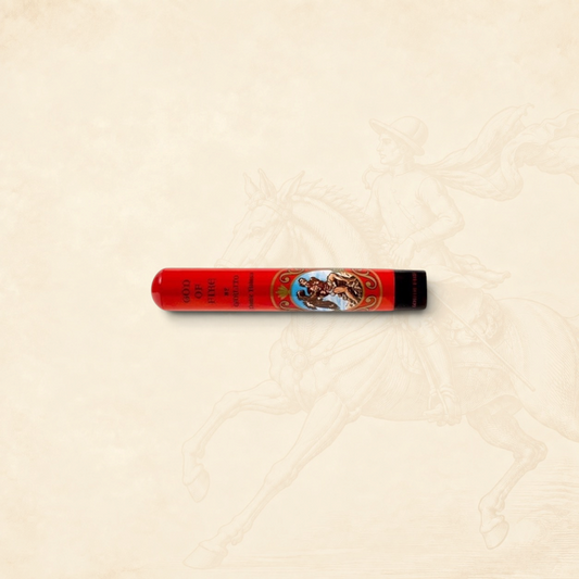 Arcadia Cigars God of Fire by Carlito Double Robusto cigar in a vibrant red protective metal tubo with gold accents