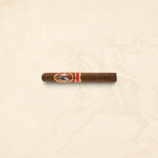 Arcadia Cigars God of Fire by Carlito Double Robusto cigar with detailed band on a cream background